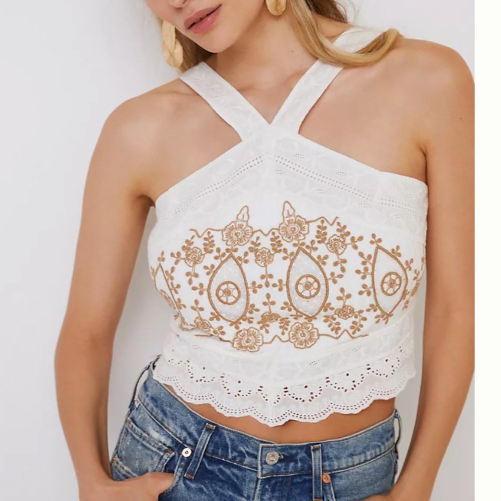 ⭐️ Embroidered Halter Floral Boho Peasant Hipster Hippie Art Deco Farmhouse Top